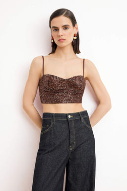 Kahverengi Payet Vucudu Saran Crop Party Bluz TPRSS26BZ00014
