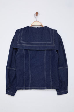 Koyu Mavi Denizci Yaka Detayl? Kontrast Dikisli Denim Gomlek Ceket TWOSS25CE00003