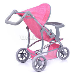 Коляска для кукол, 3-х колесная, металлическая, складная, прогулочная с козырьком, с корзиной и столиком, цвет розовый