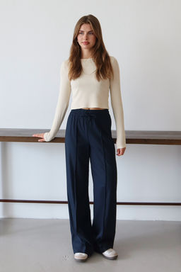 Lacivert Nervurlu Genis Paca Uzun Dokuma Pantolon TWOAW26PL00111