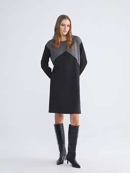 Bisiklet Yaka Renk Bloklu Elbise