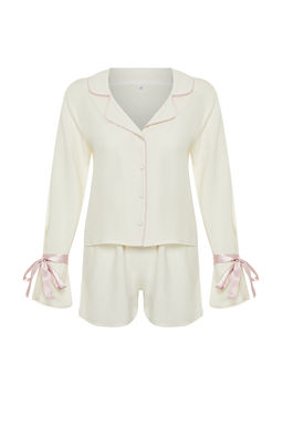 Trendyolmilla Ekru Baglamal?/Kurdele/Fiyonklu ve Biyeli Viskon Sortlu Dokuma Pijama Tak?m? THMSS24PT00047  фото 33