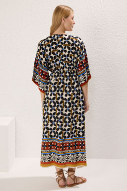 Cok Renkli Etnik Desenli A Kesim Kruvaze Yaka Midi Dokuma Elbise DWOSS24EL00913 - Trendyolmilla фото 4