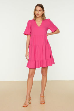Fusya Genis Kesim V Yaka Mini Dokuma Elbise TWOSS20EL0400