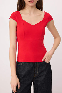 Trendyolmilla Ekru Kalp Yaka Vucuda Oturan Pamuklu Esnek Orme Bluz TWOSS24BZ00113  фото 23