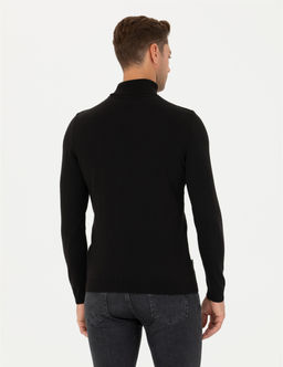 Siyah Slim Fit Bal_k__ Yaka Triko Kazak