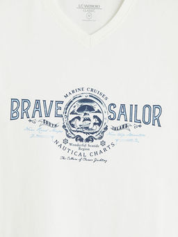 V Yaka Bask?l? Penye Erkek Kolsuz Ti??rt