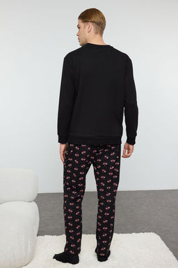 TRENDYOL MAN Siyah Regular Fit Bask?l? Etiketli Orme Pijama Tak?m? TMNAW25PT00012 - Trendyolmilla фото 4