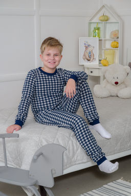 Пижама подростковая из кулирки пенье на манжетах Дрёма клетка синяя - Амадэль фото 20