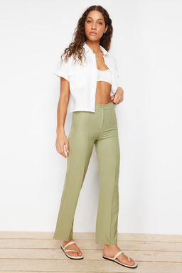 Yesil Straight/Duz Kesim Yuksek Bel Nervur Dikisli Dokuma Pantolon TWOSS21PL0093