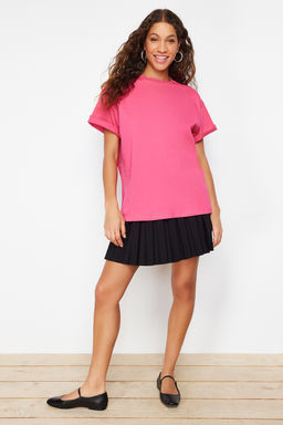 TRENDYOLMILLA Beyaz %100 Pamuk Bisiklet Yaka Oversize/Genis Kal?p Orme T-Shirt TWOSS20TS0134 фото 3