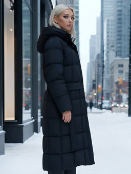 Пальто утепленное стеганное зимнее с капюшоном женское черного цвета 9609Ch - Mtforce фото 20