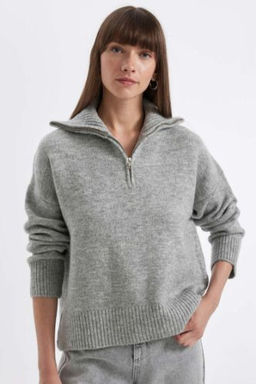 Oversize Genis Kal?p Yar?m Fermuarl? Dik Yaka Triko Kazak