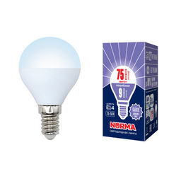 LED-G45-9W/DW/E14/FR/NR Лампа светодиодная. Форма "шар", матовая. Серия Norma. Дневной белый свет (6500K). Картон. ТМ Volpe
