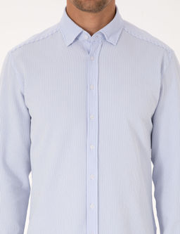 A__k Mavi Esnek Slim Fit _izgili Uzun Kollu G_mlek