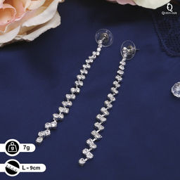 Серьги висячие со стразами Princess дорожка утончённая, белые в серебре,8 см