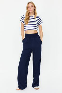 Lacivert Wide Leg/Genis Paca Beli Lastikli Dokuma Pantolon TWOSS22PL00024