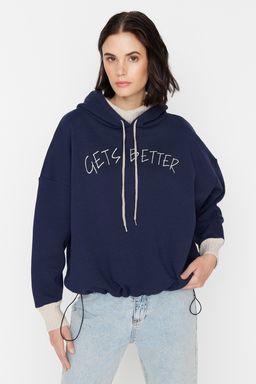Lacivert Kal?n Ici Polarl? Triko Bant Detayl? Kapusonlu Orme Sweatshirt TWOAW22SW1806