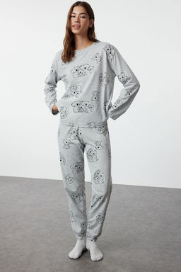 Trendyolmilla Gri Melanj Pamuklu Hayvan Desenli Orme Pijama Tak?m? THMAW25PT00020