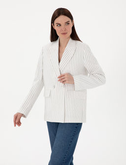 Ekru Keten Kar___ml_ Comfort Fit Kruvaze Ceket