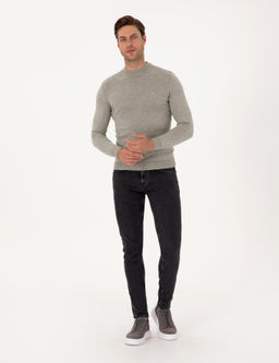 A__k Gri Melanj Slim Fit _eyrek Yaka Basic Triko Kazak