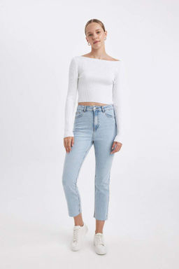 Джинсовые брюки Mary с прямыми штанинами и высокой талией, длиной до щиколотки, потертые - Defacto фото 3