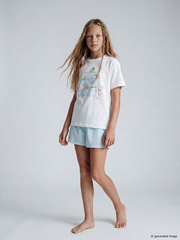 K?z ?ocuk Bask?l? ?ortlu Pijama Tak?m