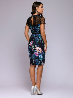 Платье черное длины мини с кружевной отделкой и цветочным принтом - 1001dress фото 5