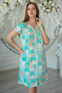 Халат женский с рукавами из кулирки Пэчворк ментоловый