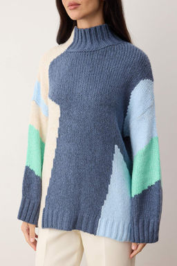 Mavi Yumusak Dokulu Renk Bloklu Genis Kal?p Triko Kazak TWOAW20XS0047