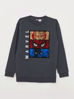 Bisiklet Yaka Marvel Bask?l? ?ift Y?nl? Payetli Uzun Kollu Erkek ?ocuk Sweatshirt