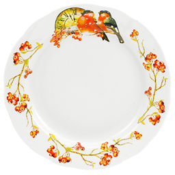 Тарелка мелкая фарфоровая Снегири д240мм, h35мм, вырезной край (Россия)