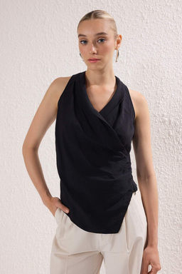 Siyah Modal Kruvaze Dokuma Bluz TWOSS25BZ00363