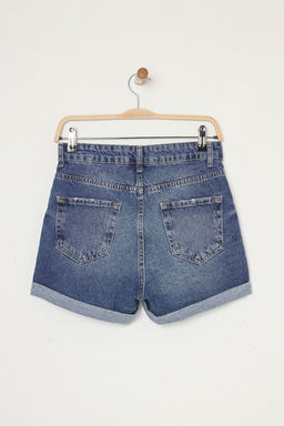 Koyu Mavi Yuksek Bel Paca Katlamal? Mini Denim Sort TWOSS25SR00170