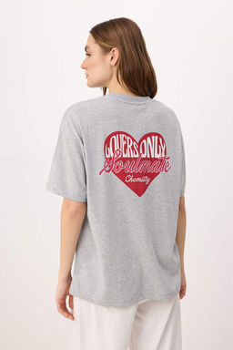 Gri Melanj Bask?l? Oversize Bisiklet Yaka K?sa Uzun Tok %100 Pamuk Orme T-Shirt TWOSS26TS00210 - Trendyolmilla фото 4