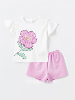 Bisiklet Yaka K?sa Kollu ?i?ekli K?z Bebek Ti??rt ve ?ort Tak?m 2li Tak?m