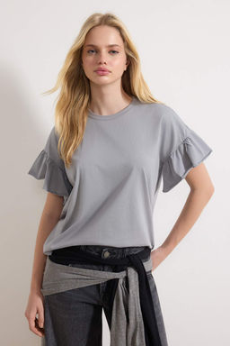 Gri %100 Pamuk F?rf?r Detayl? Basic Bisiklet Yaka Orme T-Shirt TWOSS22TS2429