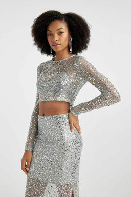 Футболка обычного кроя с круглым вырезом и длинными рукавами из ткани с пайетками - Defacto фото 7