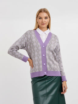 кардиган женский в фиолетовом цвете с геометричным принтом