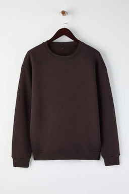 Kahverengi Oversize/Genis Kesim Pamuklu Basic Ici Polarl? Kal?n Sweatshirt TMNAW25SW00011
