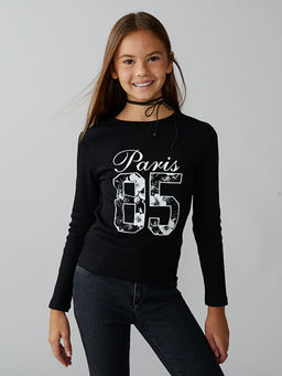 Bisiklet Yaka Paris Bask?l? K?z ?ocuk Ti??rt