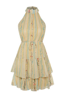 Sar? Cicek Desenli A-Kesim Boho Kat Kat Astarl? Sifon Ucus Ucus Dokuma Mini Elbise TWOSS23EL02056