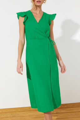 Kiremit Kruvaze F?rf?r Detayl? Keten Gorunumlu Midi Dokuma Elbise TWOSS24EL00071 - Trendyolmilla фото 12