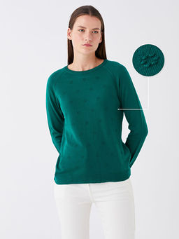 Bisiklet Yaka Kendinden Desenli Uzun Kollu Kad?n Triko Kazak