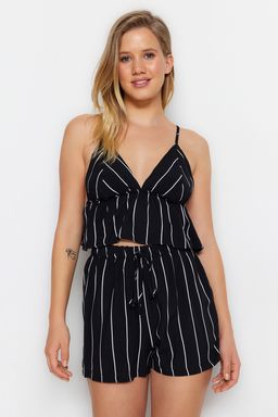 Siyah Cizgili S?rt Baglama Detayl? Ip Ask?l? Viskon Sortlu Dokuma Pijama Tak?m? THMSS23PT00053 - Trendyolmilla фото 2