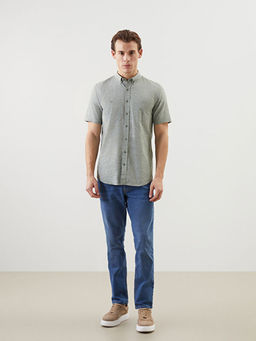 Regular Fit K?sa Kollu Keten G?r?n?ml? Erkek G?mlek