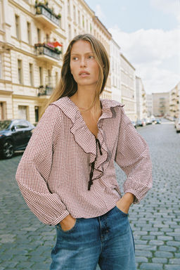 GINGHAM CHECK RUFFLED BLOUSE - Zara фото 7