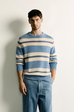 JERSEY REGULAR FIT JACQUARD RAYAS LAVADO / Azul