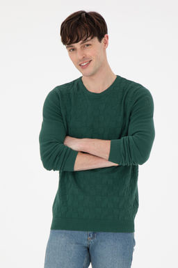 Erkek Slim Fit Bisiklet Yaka Koyu Ye_il Basic Kazak