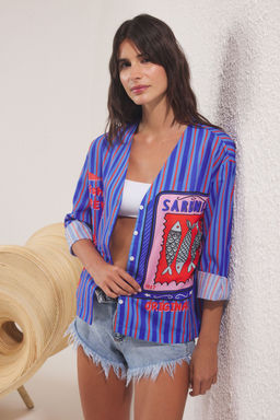 Trendyolmilla Bal?k Ve Cizgi Desenli Dokuma 100% Pamuk Plaj Gomlek TBESS25GO00018  фото 4